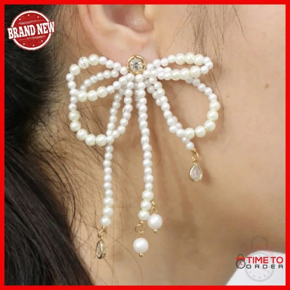 Silver Tone Brass Bow Earrings with Pearls and Crystals - 3.25